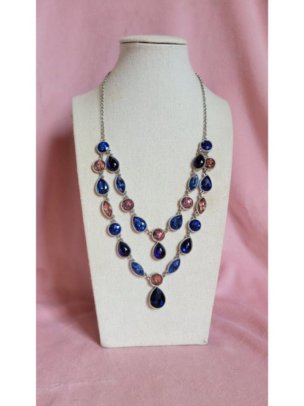 Vintage Monet Silver Tone Blue Pink Layered Rhinestone Bid Statement Necklace